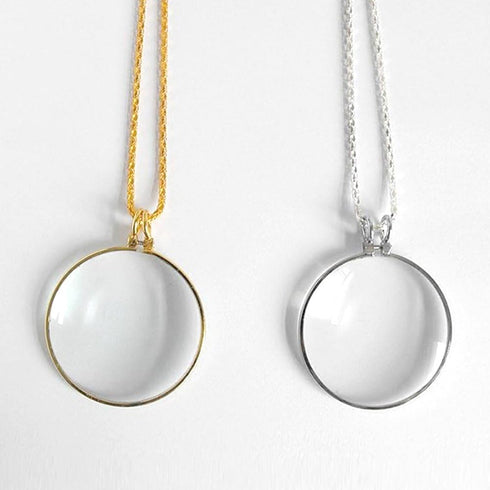 5X Magnifying Glass Pendant, 1.6" Glass Lens Dia. with 35" Alloy Necklace, Silver