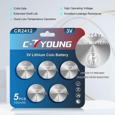 CR2412 Lithium 3V Batteries, 5 Pack for Car Key Fob and Smart Watch Replacement