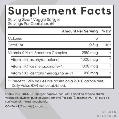 Sports Research Vitamin K Multi-Spectrum - Vegan Friendly Plantgel Capsule - 60 Softgels: K1, K2 MK-4 & K2 MK-7