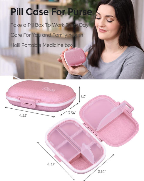 Holii Portable Travel Pill Organizer, 8 Compartments Daily Pill Box for Vitamins, Small Medicine Container (Pink)