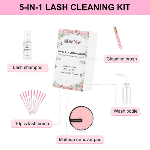 Lash Shampoo Kit for Lash Extensions, Eyelash Extension Cleanser Lash Cleaner Lash Cleaning Kit for Cluster Lashes Lash Bath with Makeup Pad+ Brush+Rinse Bottle, Oil Free Foam