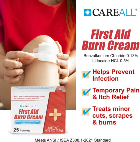 CareALL First Aid Burn Relief Cream - 0.9g Packets (Pack of 25) for Minor Burns, Cuts & Scrapes
