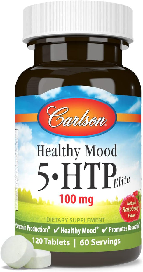 Carlson Healthy Mood 5-HTP Elite, 100 mg, Promotes Relaxation & Serotonin Production, Natural Raspberry Flavor, 120