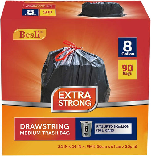 8 Gallon Black Drawstring Trash Bag, 0.9 Mil, 90 Counts
