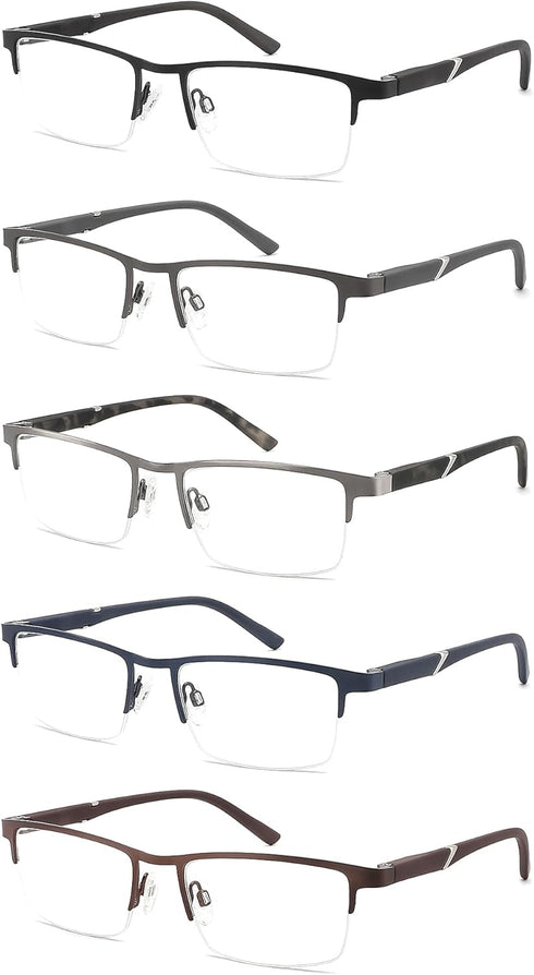 Blue Light Filtering Reading Glasses 5 Pack, Metal Half-Frame Spring Hinges Readers for Men, Anti Glare UV Protection