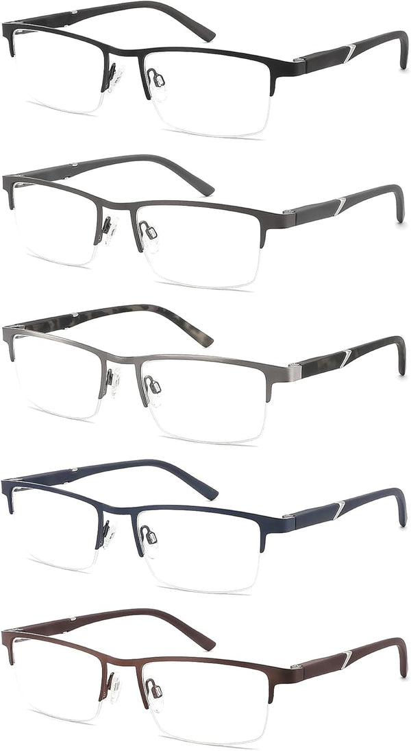 Blue Light Filtering Reading Glasses 5 Pack, Metal Half-Frame Spring Hinges Readers for Men, Anti Glare UV Protection
