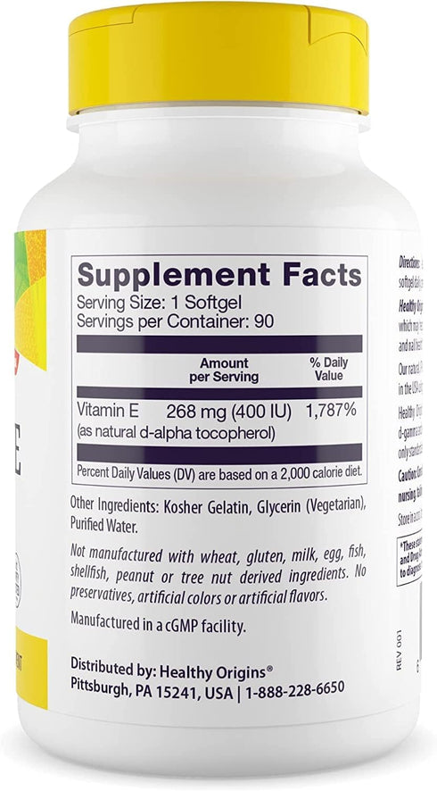 Healthy Origins Vitamin E, 400 IU with Naturally Sourced Mixed Tocopherols - Vitamin E Supplement - Non-GMO & Gluten-Free Skin, Hair, & Nails Vitamin - 90 Softgels