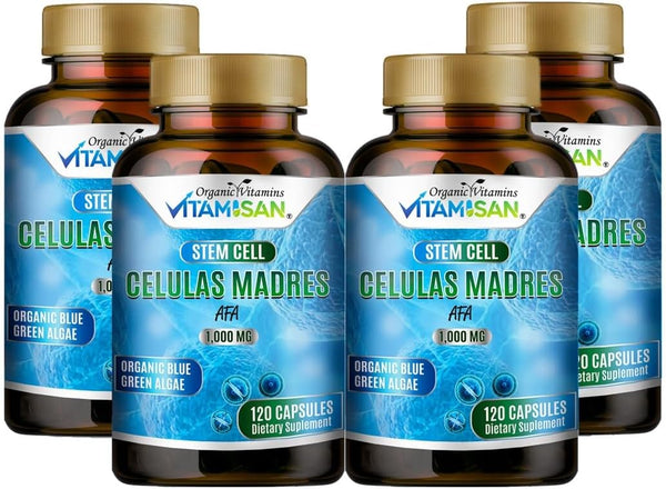 Celulas Madres 1000mg Stem Cell Plus, 4 Bottles, 480 Capsules, Non-GMO, Gluten-Free for Health Support
