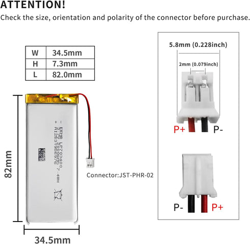 EEMB 3.7V 2100mAh 703480 Lipo Lithium Polymer Battery Pack with Wire JST Connector for Speaker and Wireless Device
