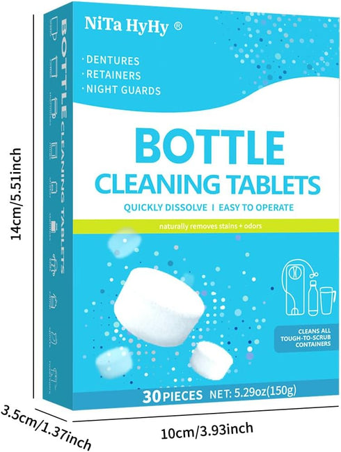 Set 30 Bottle Cleaning with Long Handle Brush and Dissolving Tablets, for Thermos, Coffee Pot, Glass, Tumbler