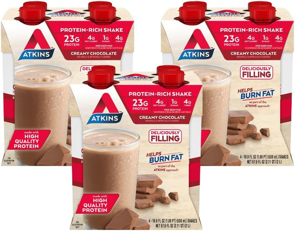 Atkins Creamy Chocolate Meal Size Protein Shake, 12 Count, 23g Protein, Low Glycemic, 4g Net Carb, 1g Sugar, Keto