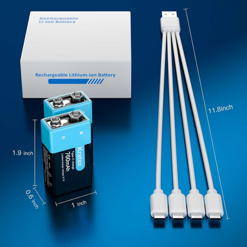 Kratax USB Rechargeable 9V Lithium Batteries (2 Pack) - 760mA / 6840mWh with Quick Charge Cable