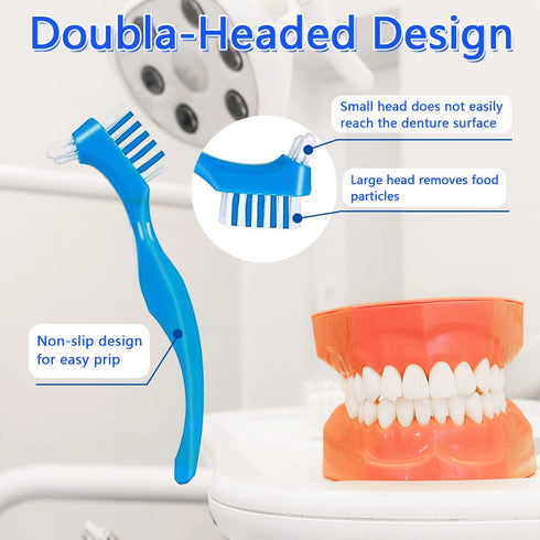 Denture Cleaner Box and Brush Set - 2 Pack Portable Denture Bath Case with Basket + 2 Pack Brushes (Light and Dark Blue)