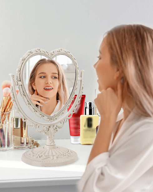 XPXKJ 7 Inch Vintage Heart Mirror, Elegant Desk Makeup Mirror with Double Sided 360 Degree Rotation