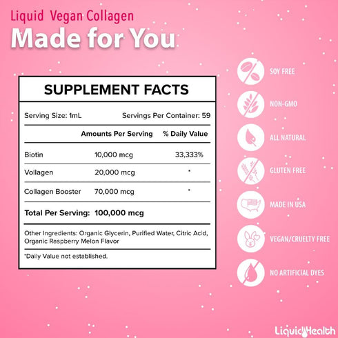 LIQUIDHEALTH 100% Vegan Collagen Plus Biotin 100,000mcg Liquid Drops - Plant-Based for Hair, Skin & Nail Growth