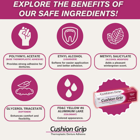 Cushion Grip Thermoplastic Denture Adhesive, 1 oz - Non-Glue Adhesive for Tightening Loose Dentures (Pack of 2)