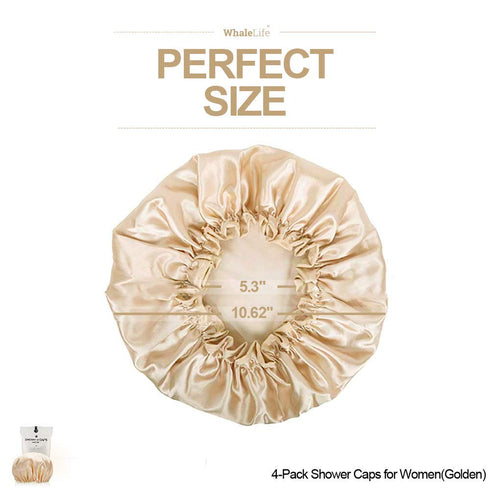 Shower Cap for Women, Extra Large Reusable Shower Cap for Men (Golden 4 Pack) Waterproof Long Hair Satin Double Layer