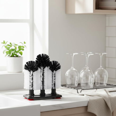 Havawish 1 Pack 3 Water Bottle Cleaning Brush with Suction Base, Head Bristle Bar Glass Washer for Sink, Washer Brush