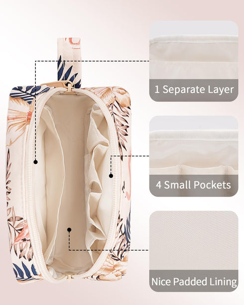 Narwey Small Makeup Bag for Women, Mini Zipper Pouch Travel Cosmetic Bag (Beige Flamingo, Small)