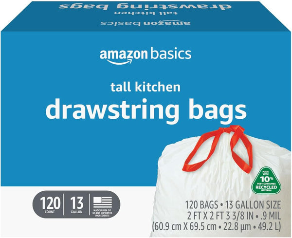 Amazon Basics Tall Kitchen Trash Bags, 13 Gallon, 10% Post Consumer Recycled Content, Unscented, 120 Count
