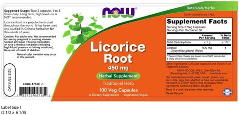 NOW Supplements, Licorice Root (Glycyrrhiza glabra) 450 mg, Herbal Supplement, 100 Veg Capsules