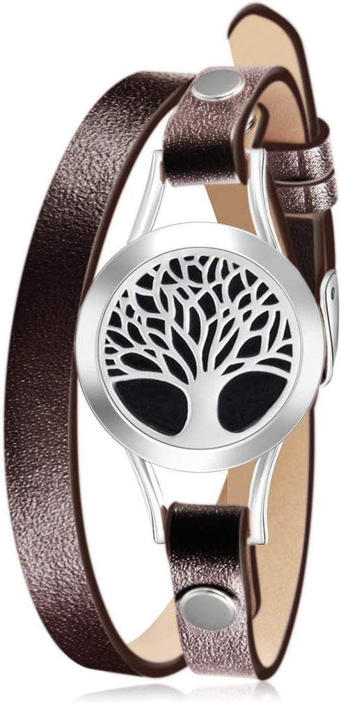 Wild Essentials Tree of Life Essential Oil Bracelet Diffuser, Leather Wrap Band, Stainless Steel