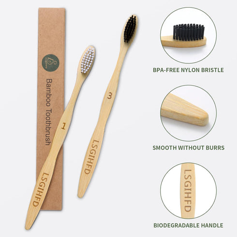 Bamboo Toothbrushes (10 Pack), BPA Free Soft Bristles, Natural Wood Bulk, Reusable Travel Toothbrushes