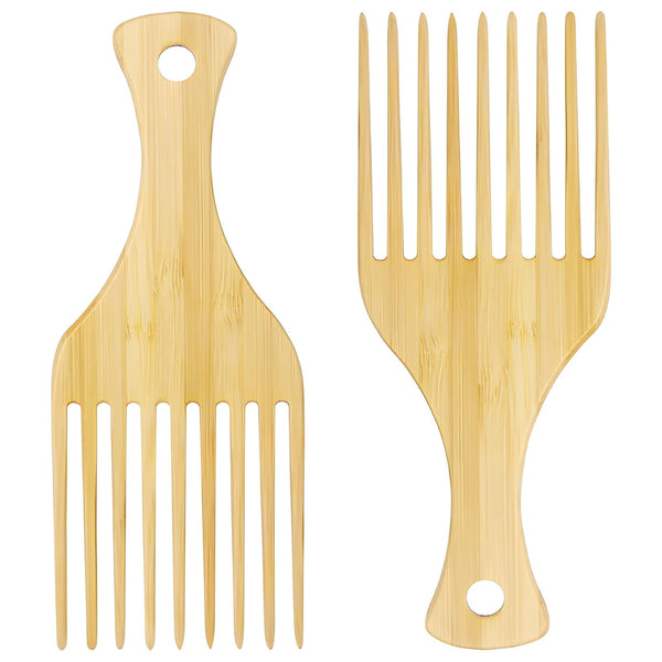 2-Piece Bamboo Comb Set for Afro Hair, Natural Anti-Static Picks for Curly, Thick Hair, Eco-Friendly Styling Solution