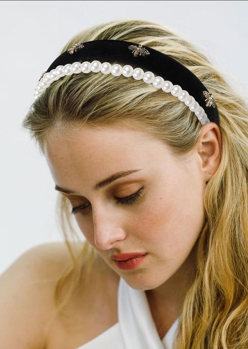 TERSE Black Velvet Headband for Women with White Pearl, Cute Designer Fashion Hair Accessories for Holiday