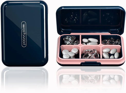 DUBSTAR Small Waterproof Travel Pill Organizer, 6 Compartments Portable Pill Case for Pocket Purse, Blue