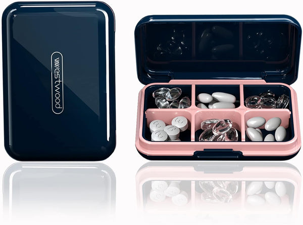 DUBSTAR Small Waterproof Travel Pill Organizer, 6 Compartments Portable Pill Case for Pocket Purse, Blue