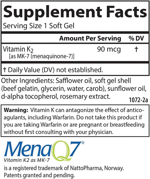Carlson Vitamin K2 MK-7 (Menaquinone) - 90 mcg, Bone Support, 120 Softgels