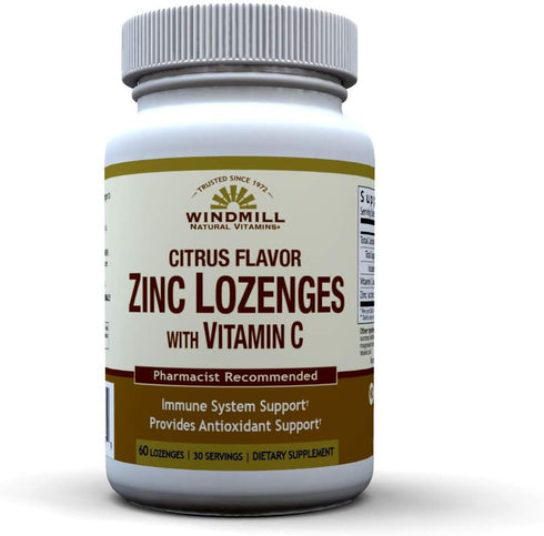 Windmill Health Natural Vitamins Zinc Lozenges with Vitamin C, Honey Lemon Flavor, 60 Lozenges, Immune Support.