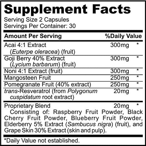 Super Antioxidant Supplement - Goji Berry, Acai Berry, Mangosteen, Resveratrol, Pomegranate & Noni Capsules - 60