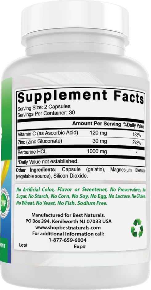 Best Naturals Berberine Plus 1000mg per Serving, Non-GMO, 60 Capsules with Vitamin C & Zinc Gluconate