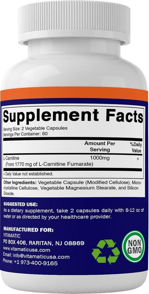 Vitamatic L-Carnitine Fumarate 1000 mg, 120 Vegetable Capsules (2 Bottles)