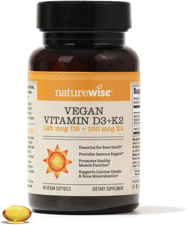 NatureWise Vitamin D3 + K2 with Plant Based Vitamin D3 5000IU & 100mcg Vitamin K2 - Max Absorption - 60 Softgels