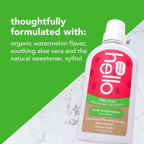 Hello Natural Watermelon Flavor Kids Mouthwash, Fluoride Free, Alcohol Free, Vegan, 16 Fl Oz (Pack of 3)
