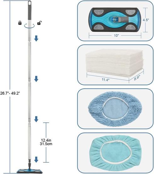 Sweeper Mop Starter Kit, Small Flat Mop with 2 Reusable Microfiber Pads, 30pcs Disposable Dry Cloths for Hardwood Floor