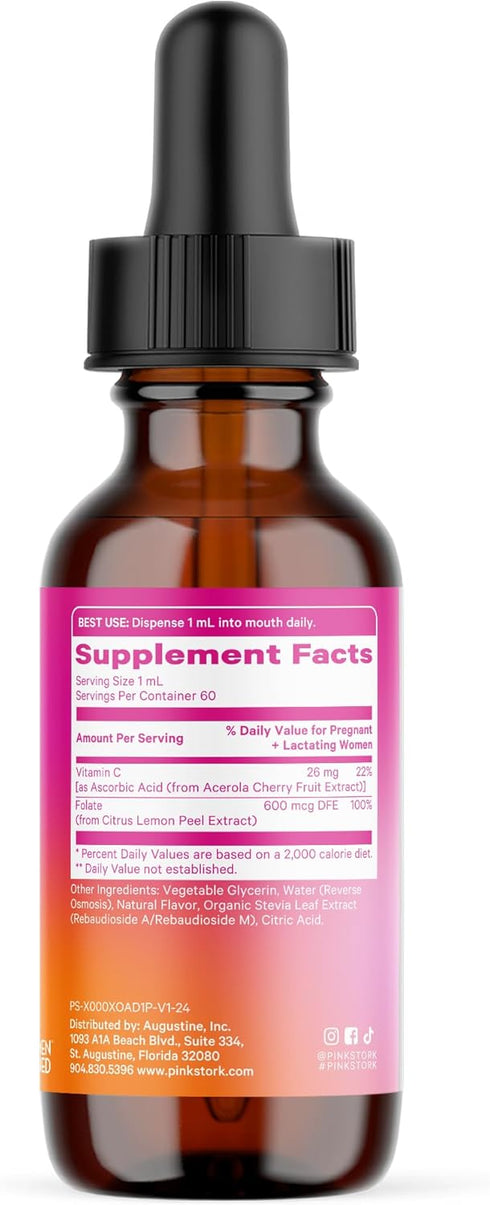 Pink Stork Liquid Folate Drops, Natural Whole-Food Methylfolate from Lemon Peel, 2 oz, Non-GMO, Prenatal