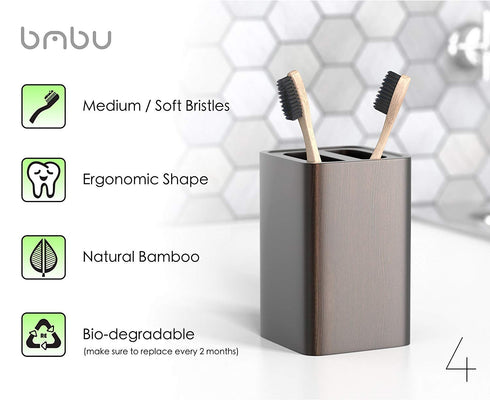 bmbu Bamboo Toothbrush 4 Pack - Medium/Soft Charcoal Bristles, Wooden Handle, Eco-Friendly Vegan Gift Idea