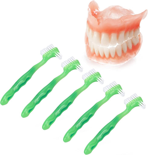 5pcs Denture Brush Set - Brushes Double Bristle Head for Denture Care (Green)