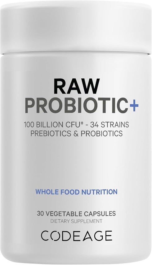 Codeage Raw Probiotic+ Supplement - 100 Billion CFU - 30 Capsules - 34 Strains with Digestive Enzymes & Raw Prebiotics