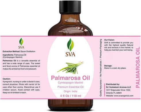 SVA Palmarosa Essential Oil, 4 Fl Oz, 100% Natural Oil for Diffuser, Hair Care, Skin Care, Aromatherapy