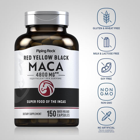 Piping Rock Maca Root Capsules | 150 Pills | 4800mg | Red Yellow Black Maca Root | Non-GMO, Gluten Free Superfood