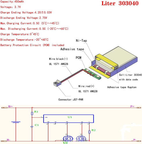 3.7V Lipo Battery 450mAh Rechargeable Lithium ion Polymer Battery 303040 Lithium Polymer ion Battery with JST Connector