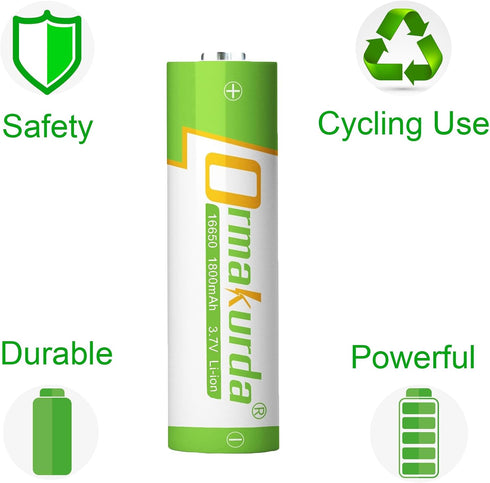16650 Rechargeable Battery (2-Pack), 1800mAh 3.7V Li-ion with Button Top for Flashlights