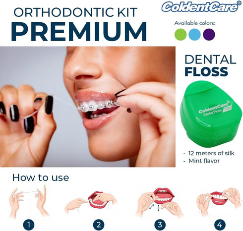 Orthodontic Oral Care Kit for Braces, Includes Toothbrush, Dental Floss, Wax, and Travel Case (Green)