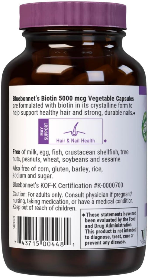 Bluebonnet Nutrition Biotin 5000 mcg, Vegan, Non-GMO, Kosher Certified, Gluten-Free, 120 Vegetable Capsules
