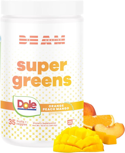 BEAM be Amazing Dole Super Greens Powder with Prebiotics, Digestive Enzyme, Antioxidant, 25 Servings, Orange Peach Mango